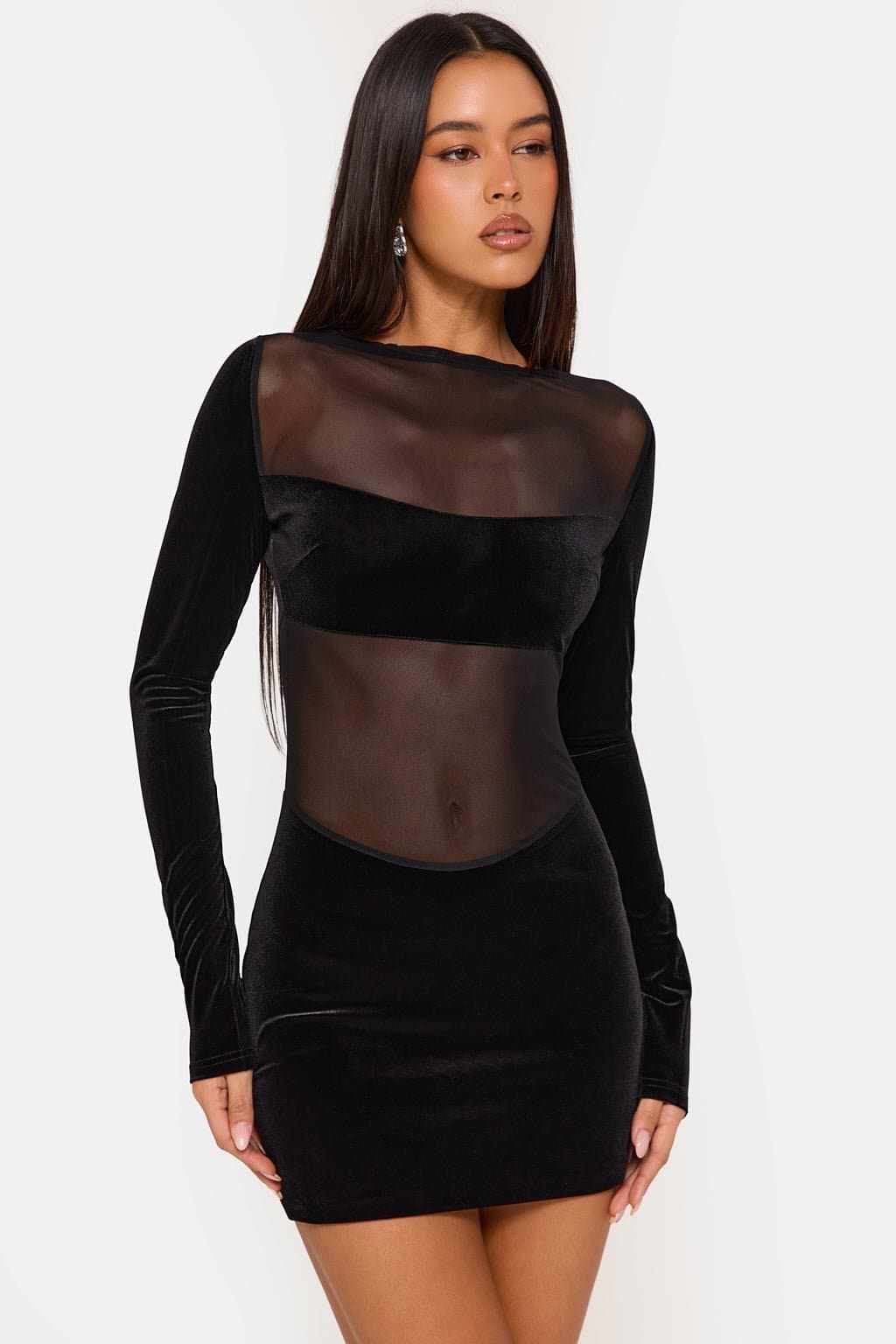 NOIR Long Sleeved Black Mini Dress with Mesh and Velvet Panels