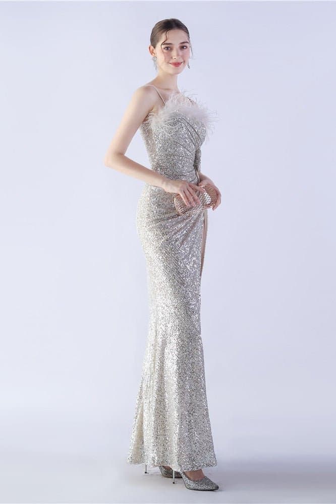 Ostrich Feather Embellished V-Neck Sleeveless Maxi Dress