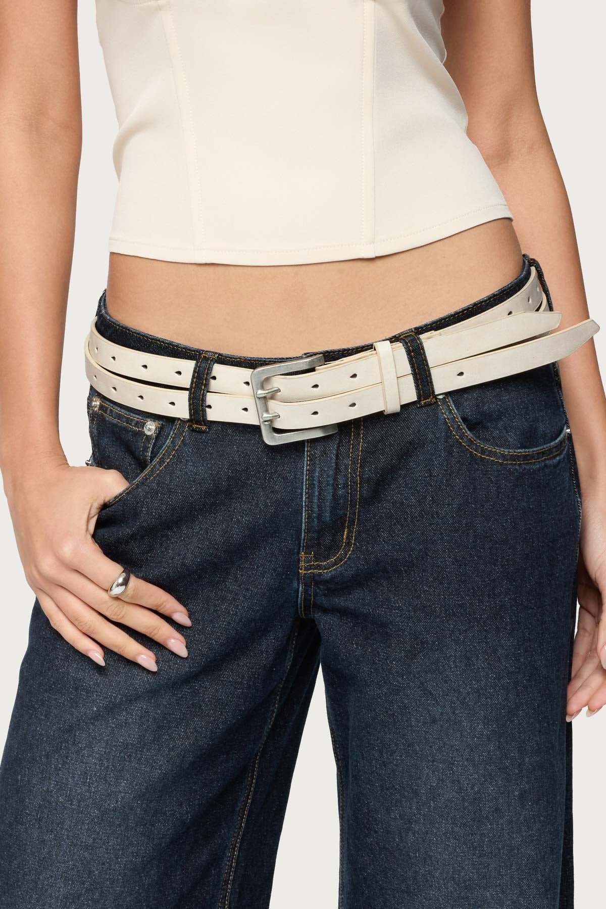 Double Look Faux Leather Belt - Polyurethane with Silver Tone Metal, 43.7 Inch Length