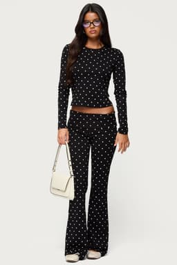 Daliya Polka Dot Fold Over Flared Loungewear Pants - Cotton Spandex