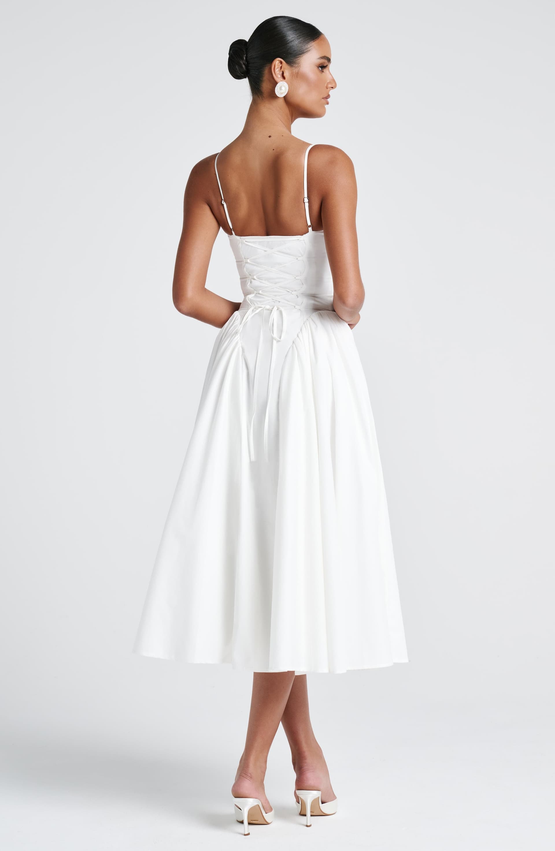 Emerson Midi Dress in Ivory - Sweetheart Neckline Lace-Up Back Dropped Waist