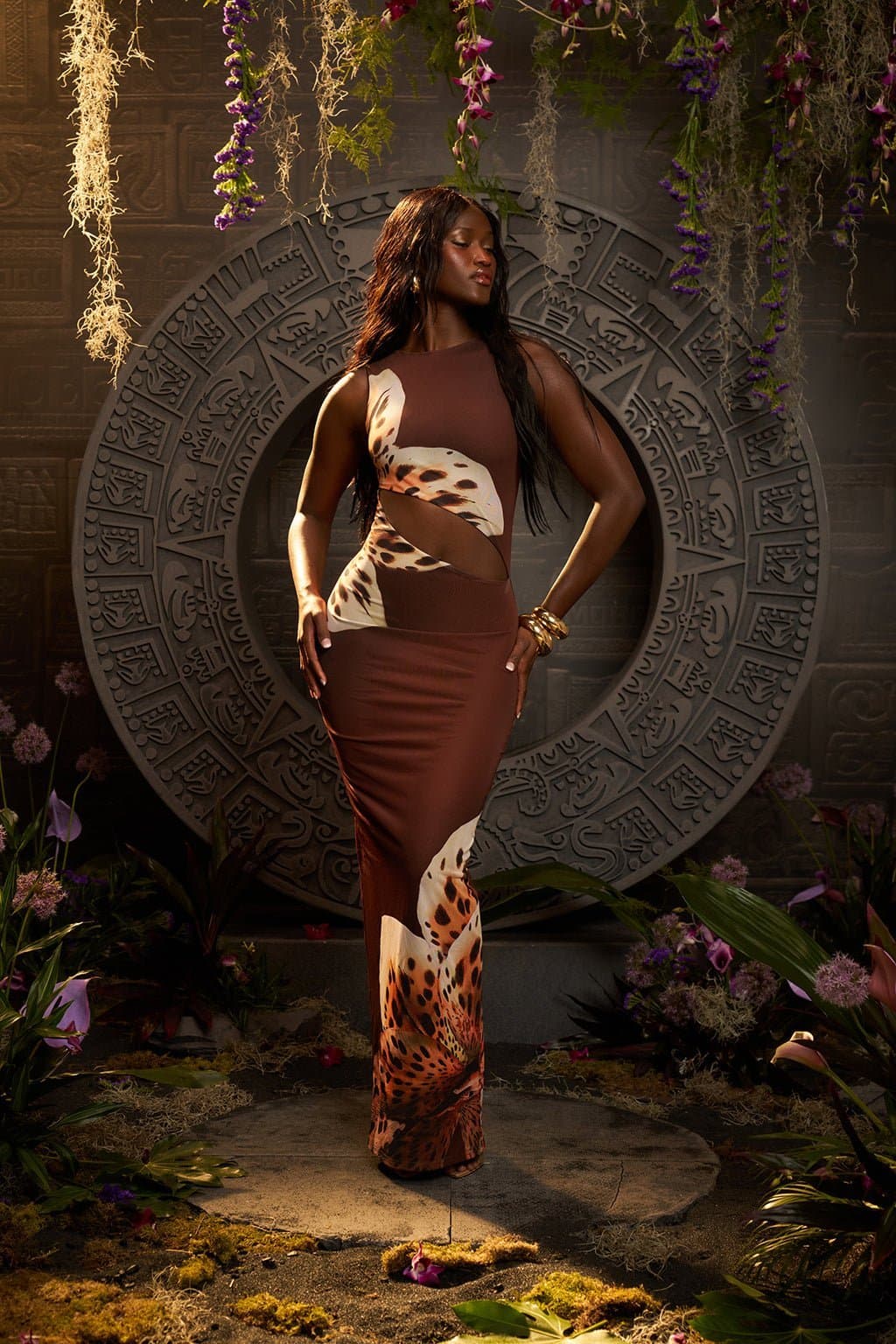 BLU Leopard Orchid Print Maxi Dress - Mesh Overlay Bodycon Fit UK 8 150cm