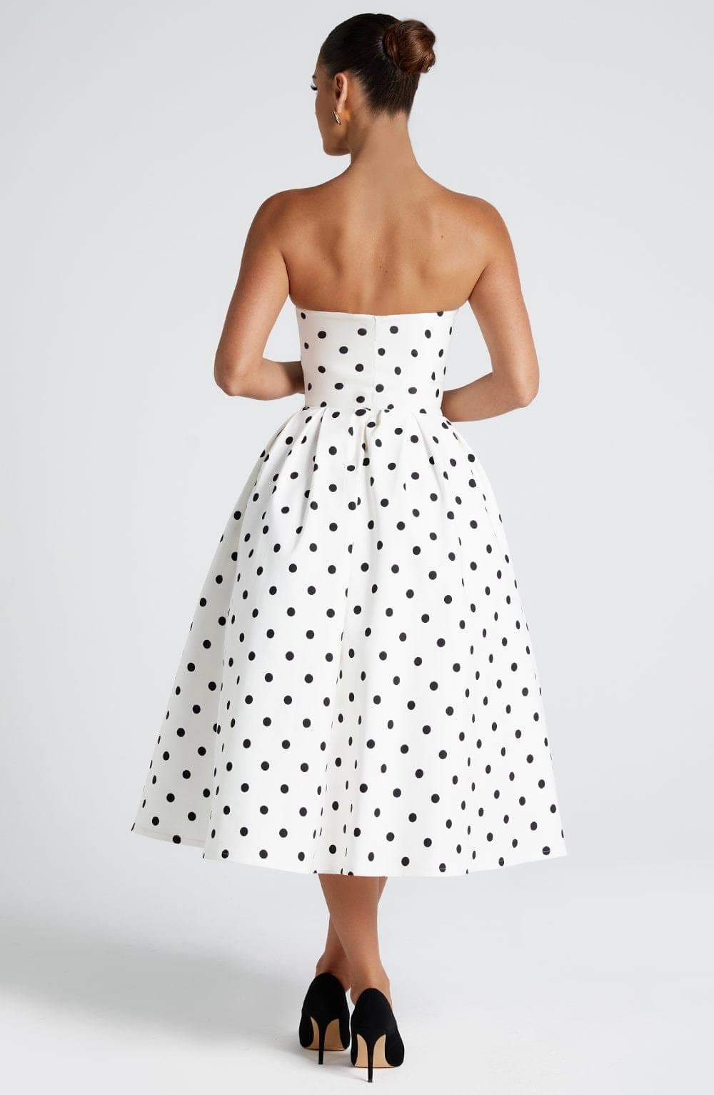 Edith Midi Dress Black Polka Dot Print Stretch Bengaline Strapless