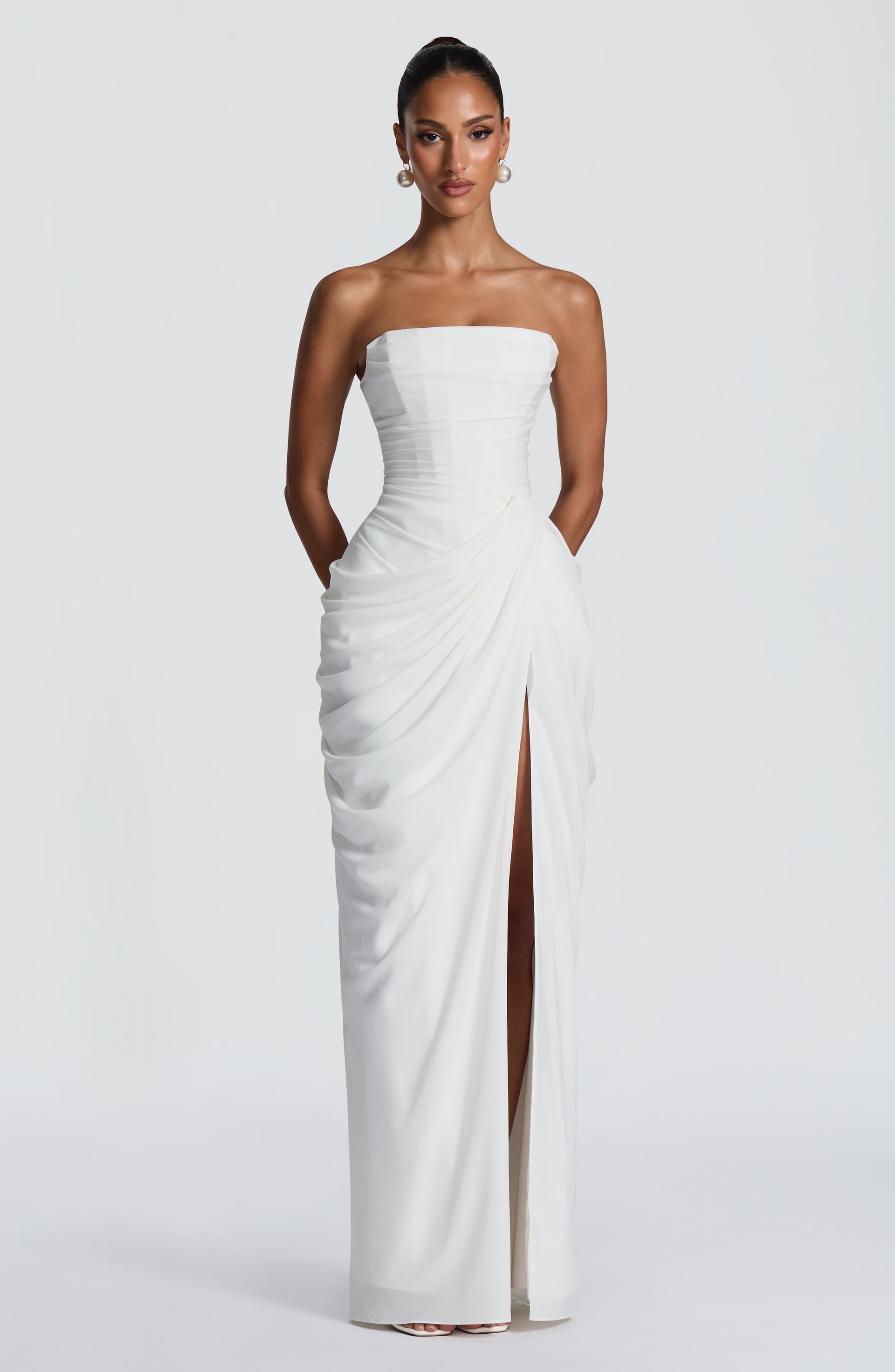 Cyra Maxi Dress in Ivory Chiffon with Strapless Neckline and Thigh-High Split