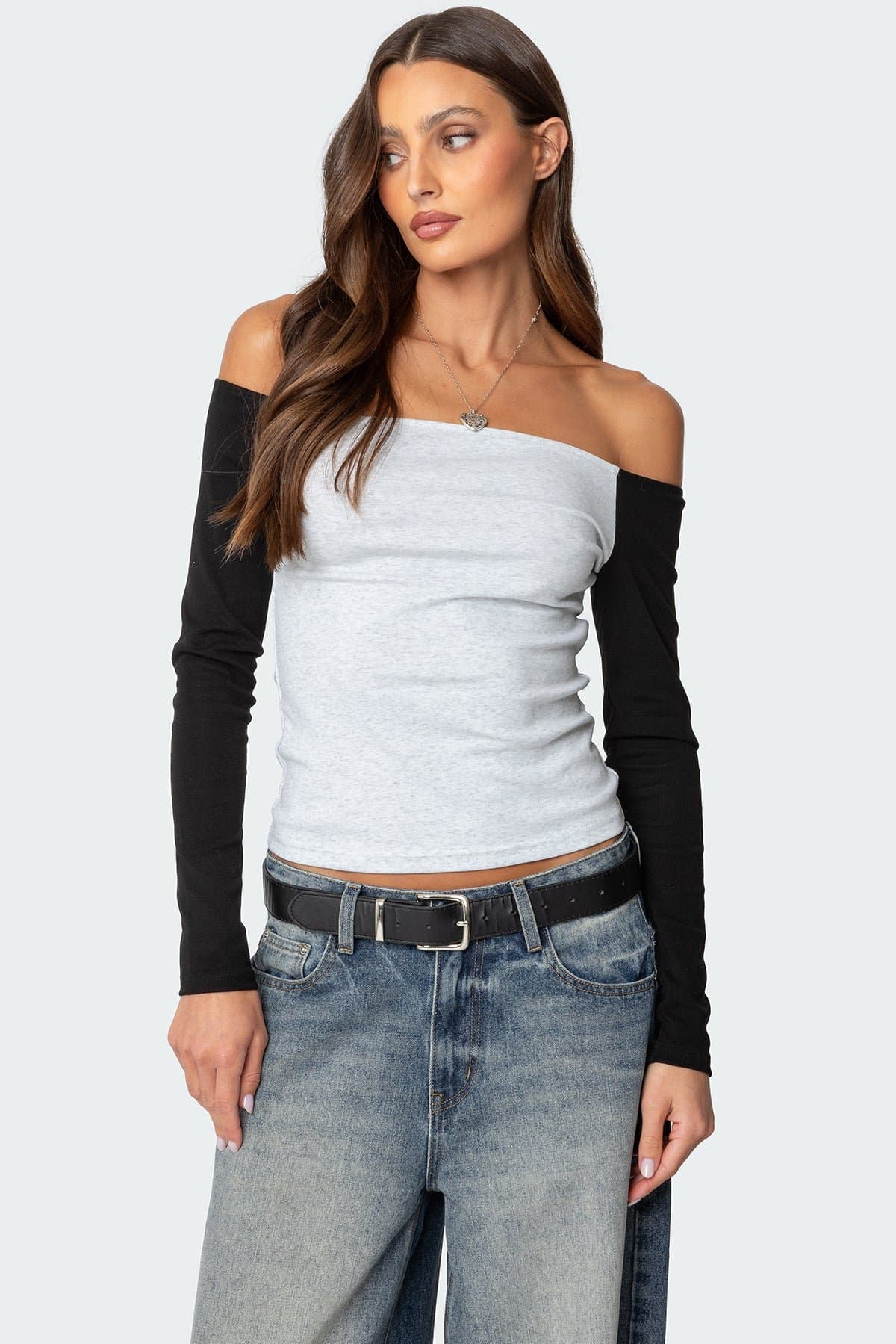 Contrast Off Shoulder Long Sleeve Top - Cotton Spandex