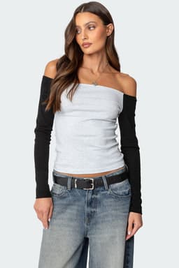 Contrast Off Shoulder Long Sleeve Top - Cotton Spandex