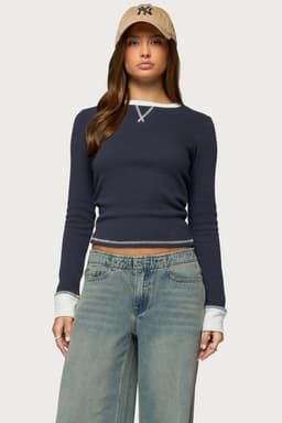Rora Contrast Long Sleeve Waffle Top - Cotton Polyester Spandex Blend