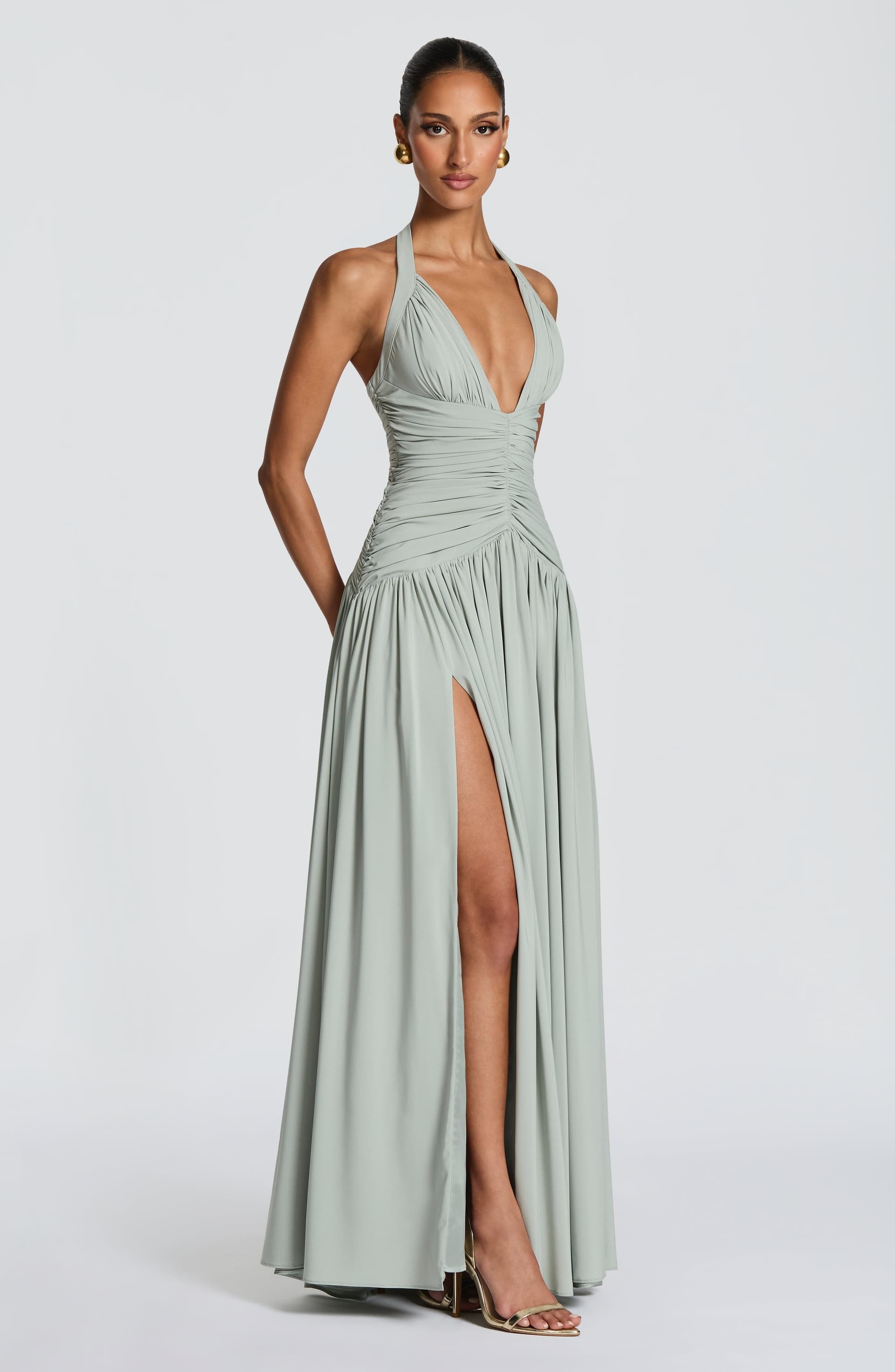 Amaris Maxi Dress - Sage Chiffon Plunge Halter Neck Thigh Split