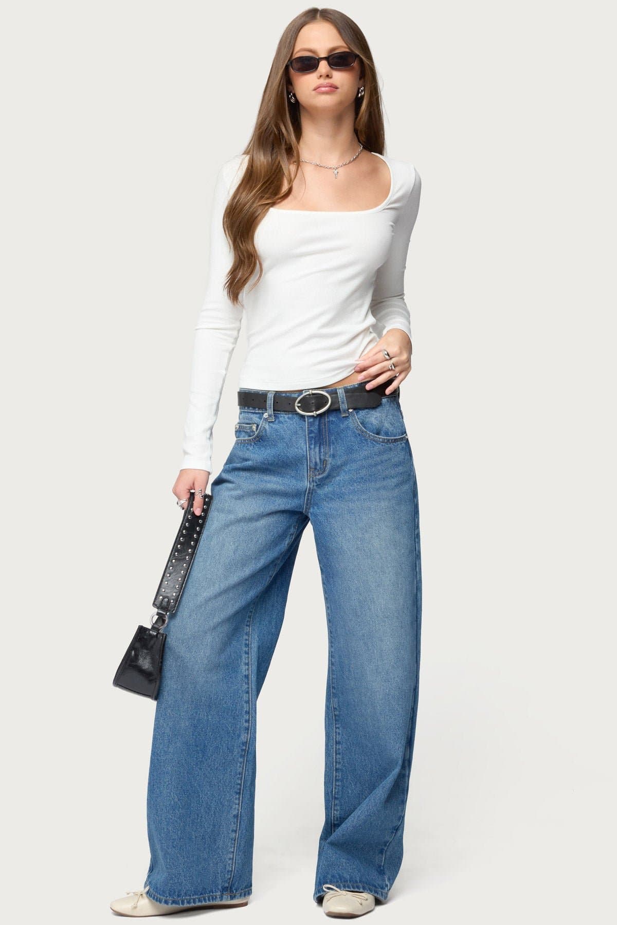 Zandra Square Neck Ribbed Long Sleeve Fitted Top Rayon Spandex