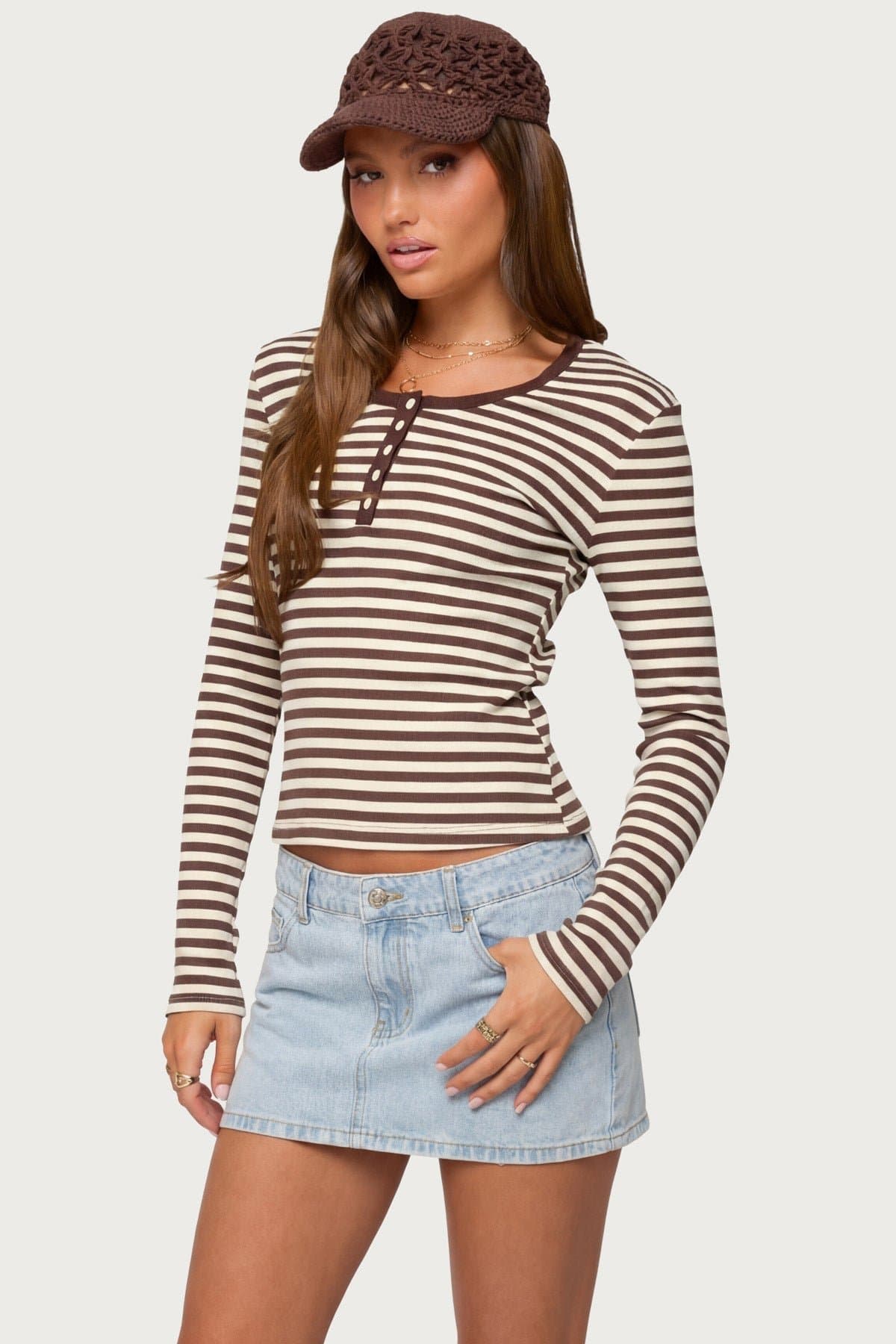 Roma Striped Henley Top - Long Sleeve Cotton Spandex Women's Shirt