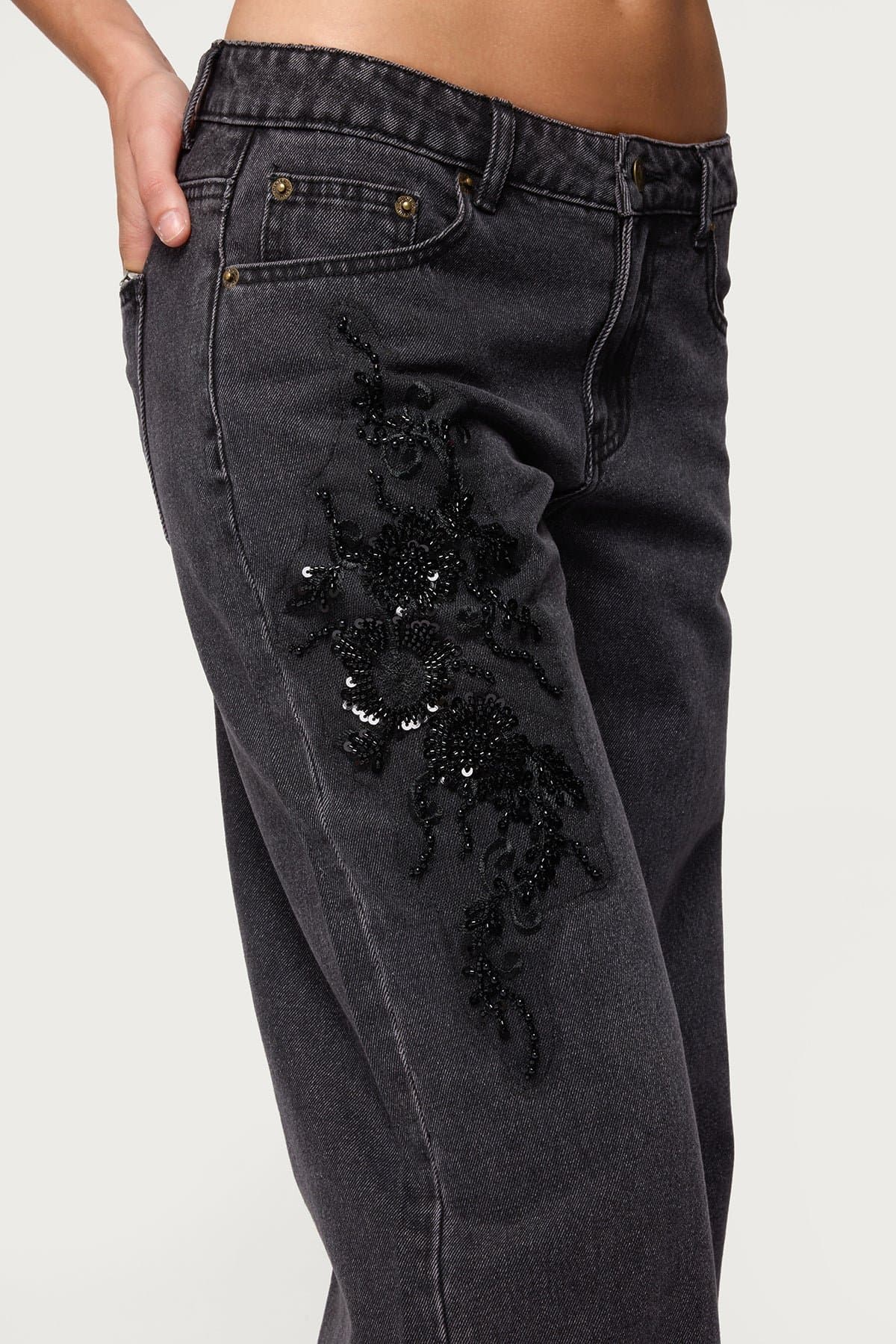 Rossa Beaded Low Rise Baggy Jeans - 100% Cotton Rigid Denim