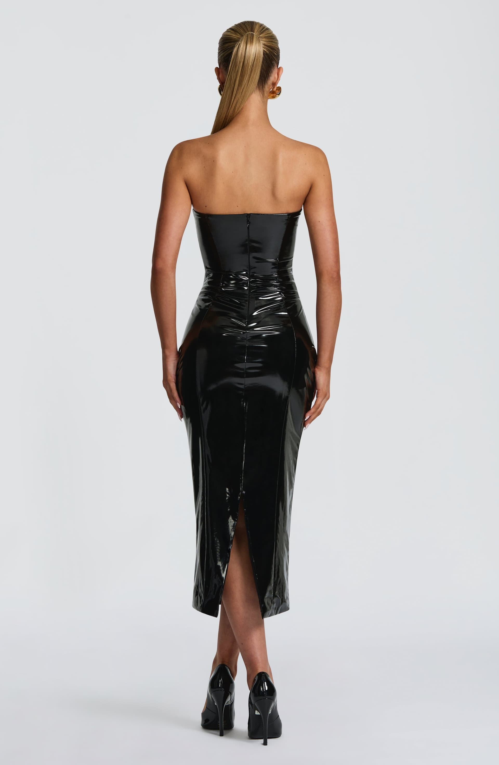 Amala Midi Dress - Black Vinyl with Underwired Cups and Detachable Straps