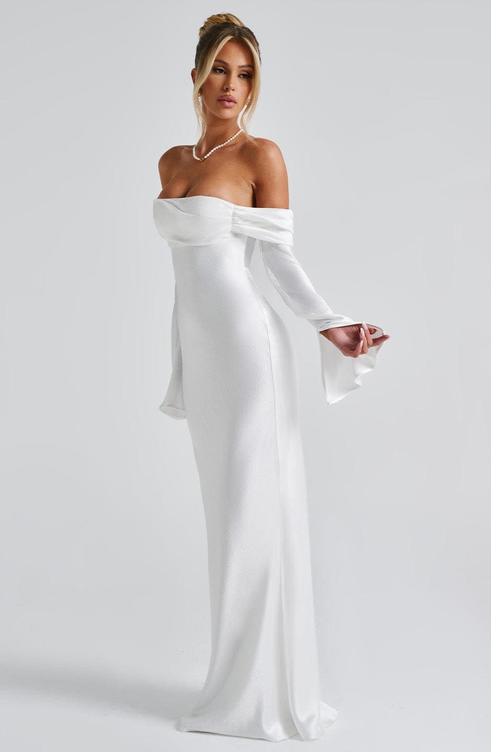 Selene Maxi Dress in Ivory - Textured Satin Bardot Neckline Long Sleeve