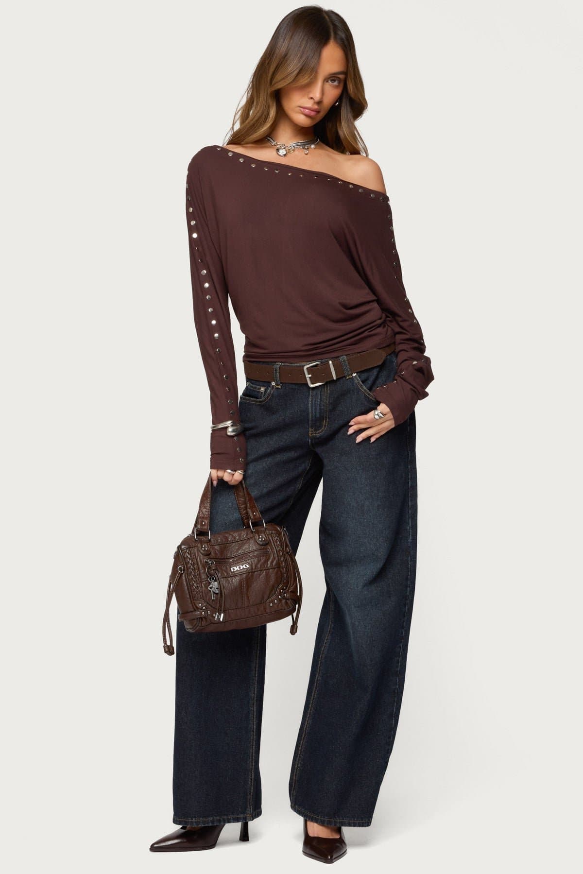 Paola Off Shoulder Stud Top with Long Sleeves and Cinched Waist in Rayon Spandex