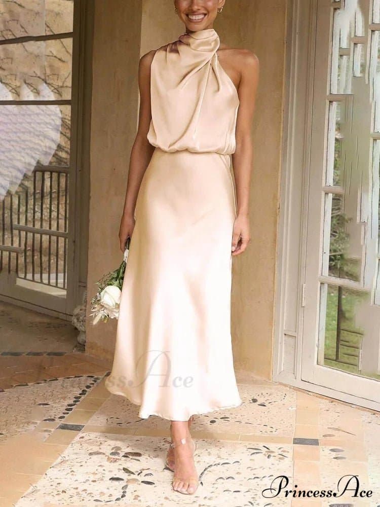 Unique Bridesmaid Sleeveless High Neck Midi Dress