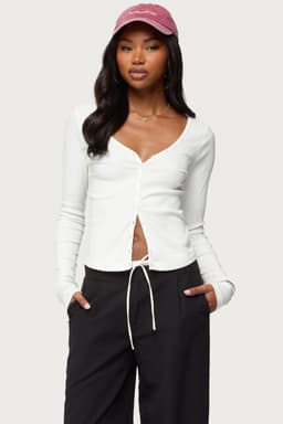 Tanya Button Up Cardigan - V Neck Frilled Trim Cotton Rayon Spandex