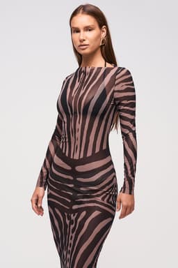 Mesh Maxi Dress Curve Illusion Zebra Print Full Sleeve Maxi Length