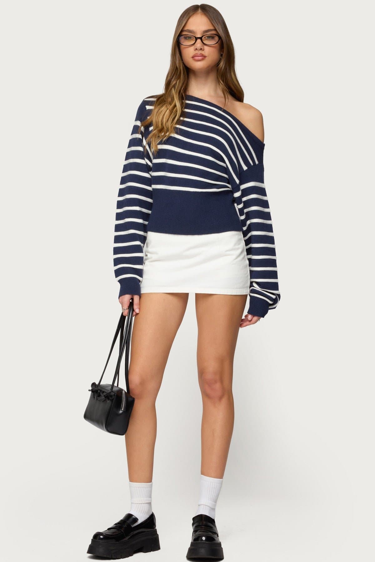 Mika Off Shoulder Oversized Striped Knit Sweater - Rayon Polyester Nylon