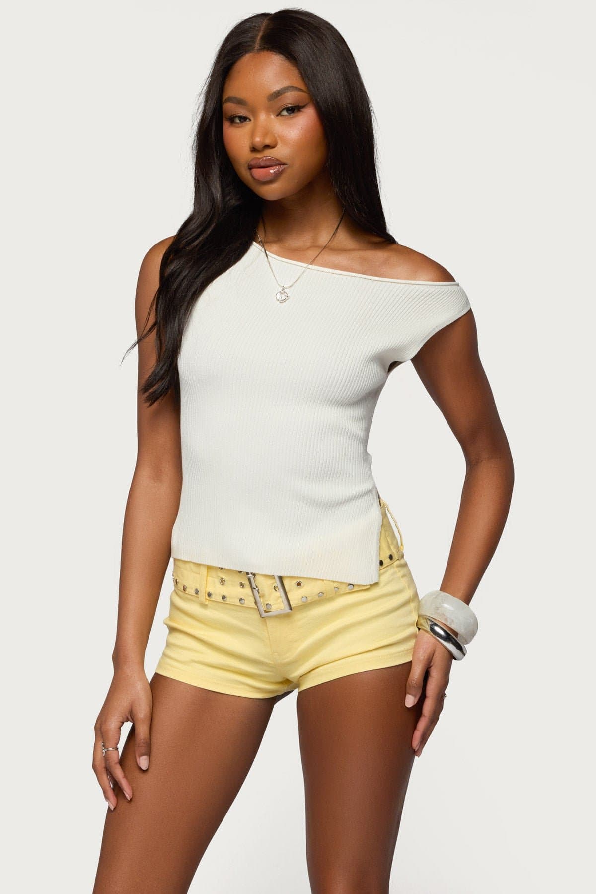 Myrah Asymmetric Off Shoulder Ribbed Knit Top - Acrylic Fabric