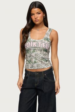Edikted Girly Ribbed Tank Top with Camo Print Graphic - Cotton Spandex