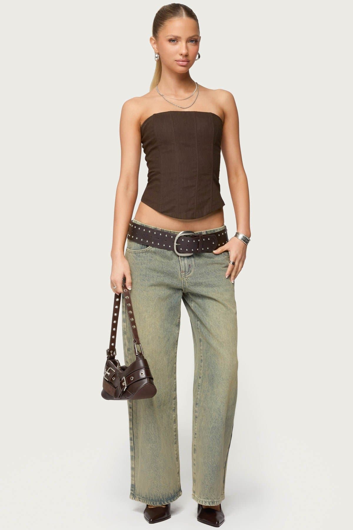 Hadar Linen Look Strapless Boned Corset 100% Cotton Lace Up Back