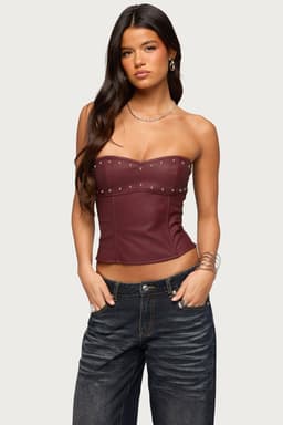 Izara Studded Faux Leather Corset - Strapless Sweetheart Neckline Boned Bodice