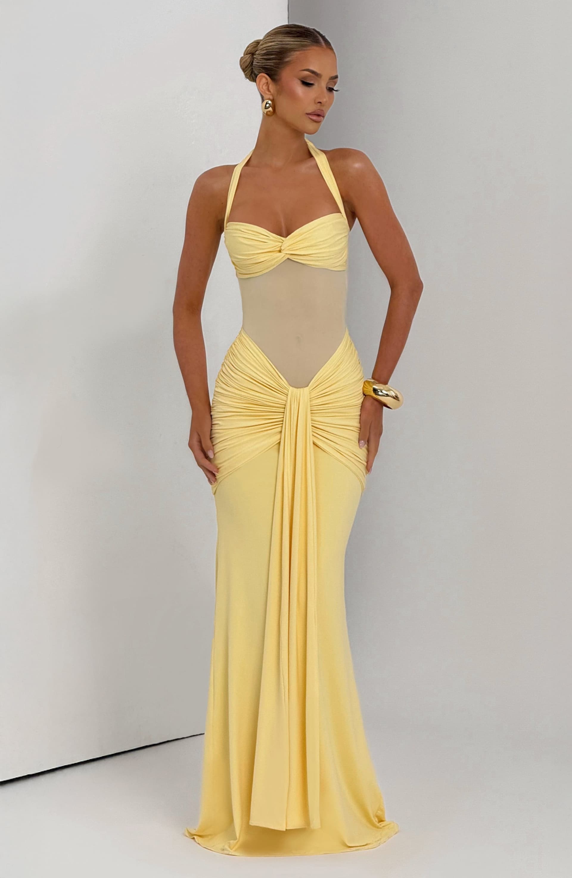 Vixen Lemon Maxi Dress - Stretch Jersey Mesh Sweetheart Halter Neckline
