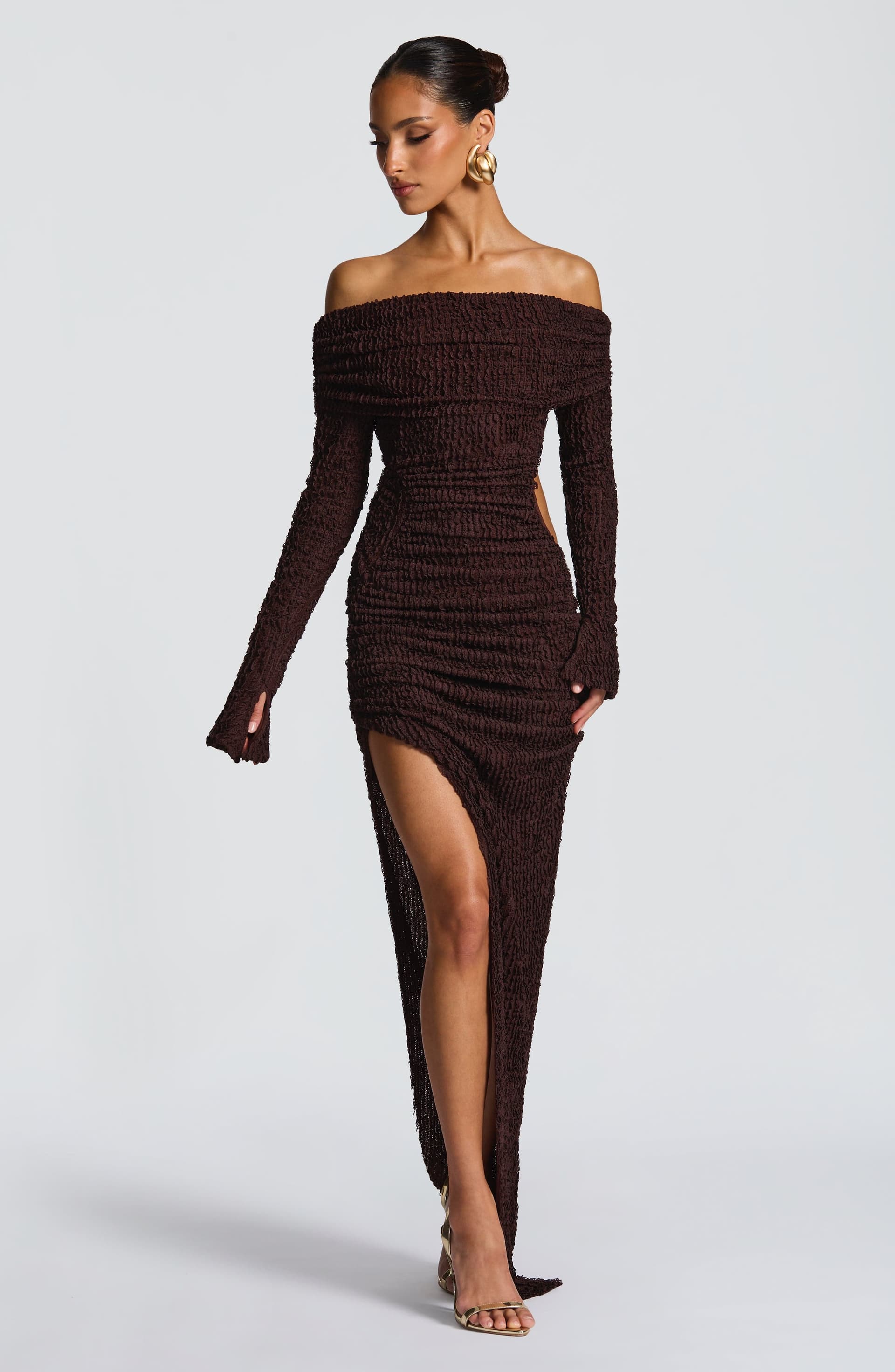 Adelphia Midi Dress Plum Brown Bardot Neckline Long Sleeve Asymmetric Skirt