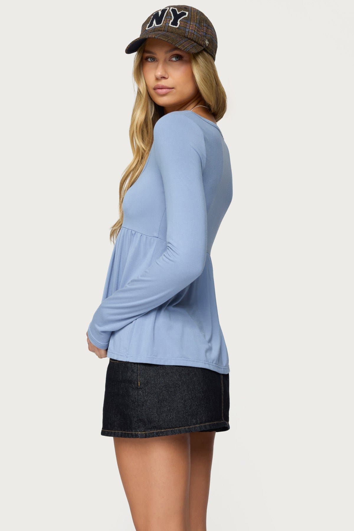 Lilla Henley Babydoll Top - Long Sleeve Rayon Spandex Button Detail