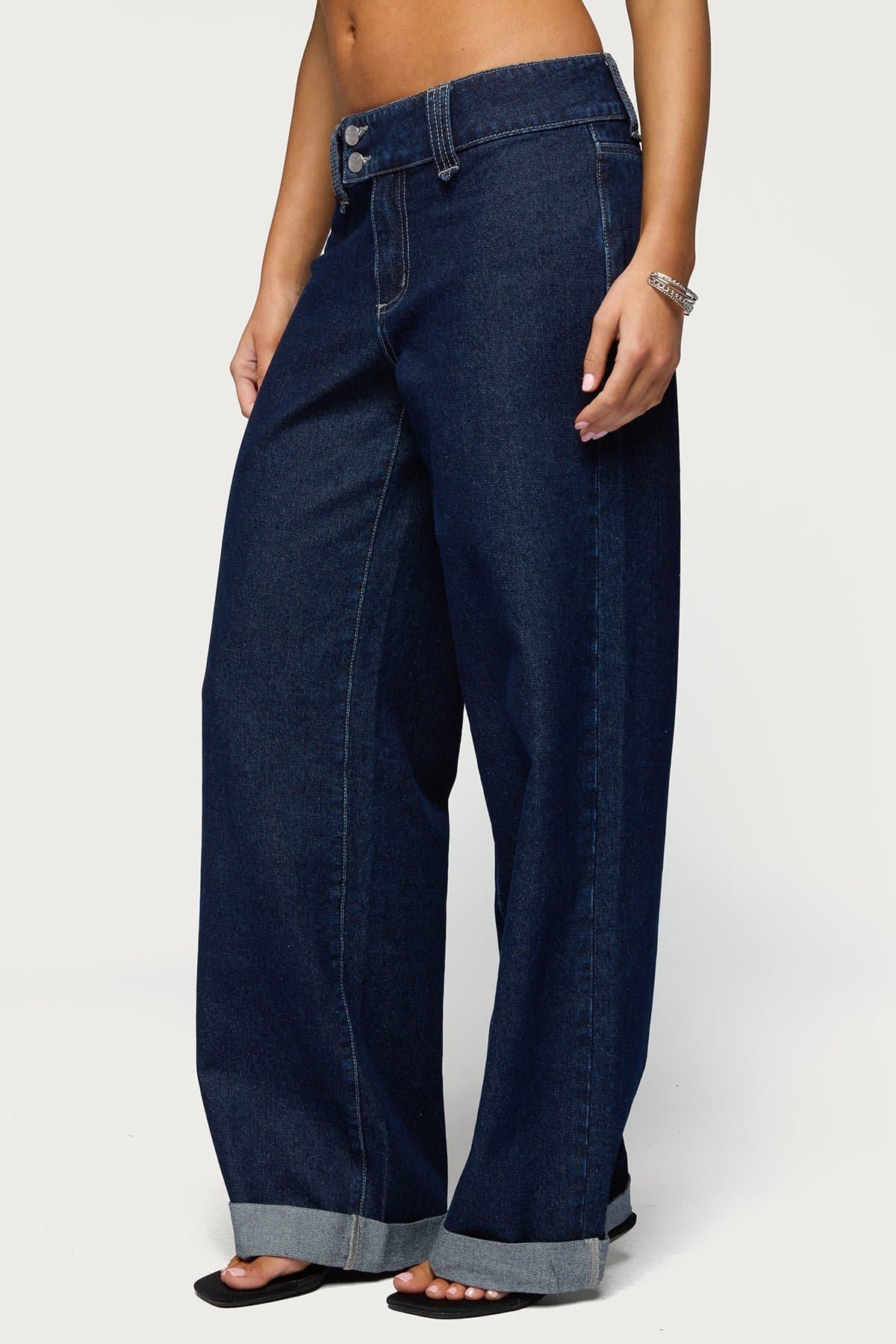 Cuffed Low Rise Straight Leg Jeans in Rigid Cotton Denim