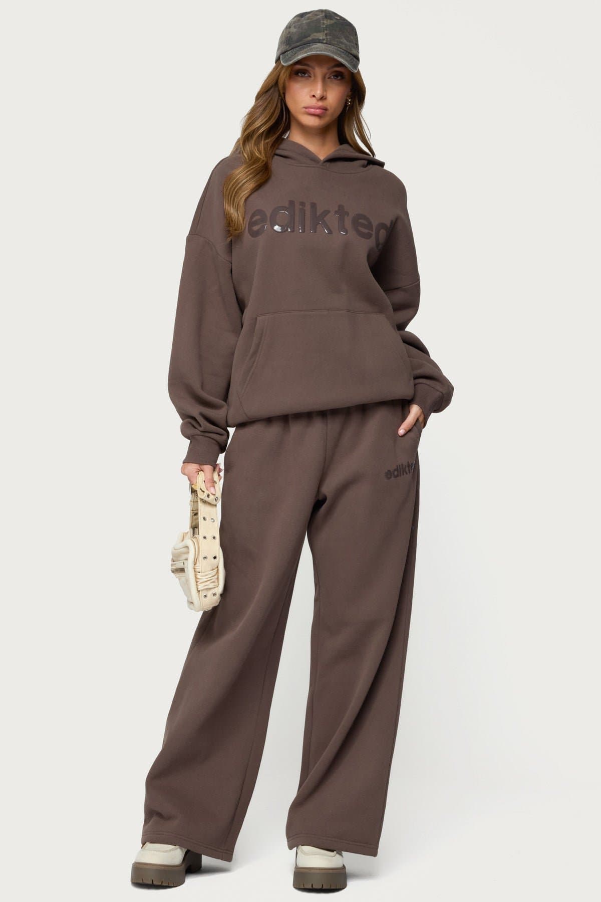 Be Edikted Sweatpants - Wide Leg Fit, Glossy Graphic Text, Polyester Cotton
