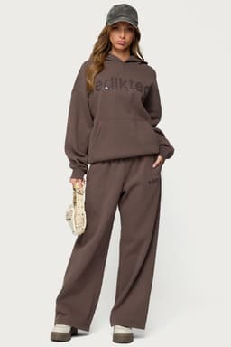 Be Edikted Sweatpants - Wide Leg Fit, Glossy Graphic Text, Polyester Cotton