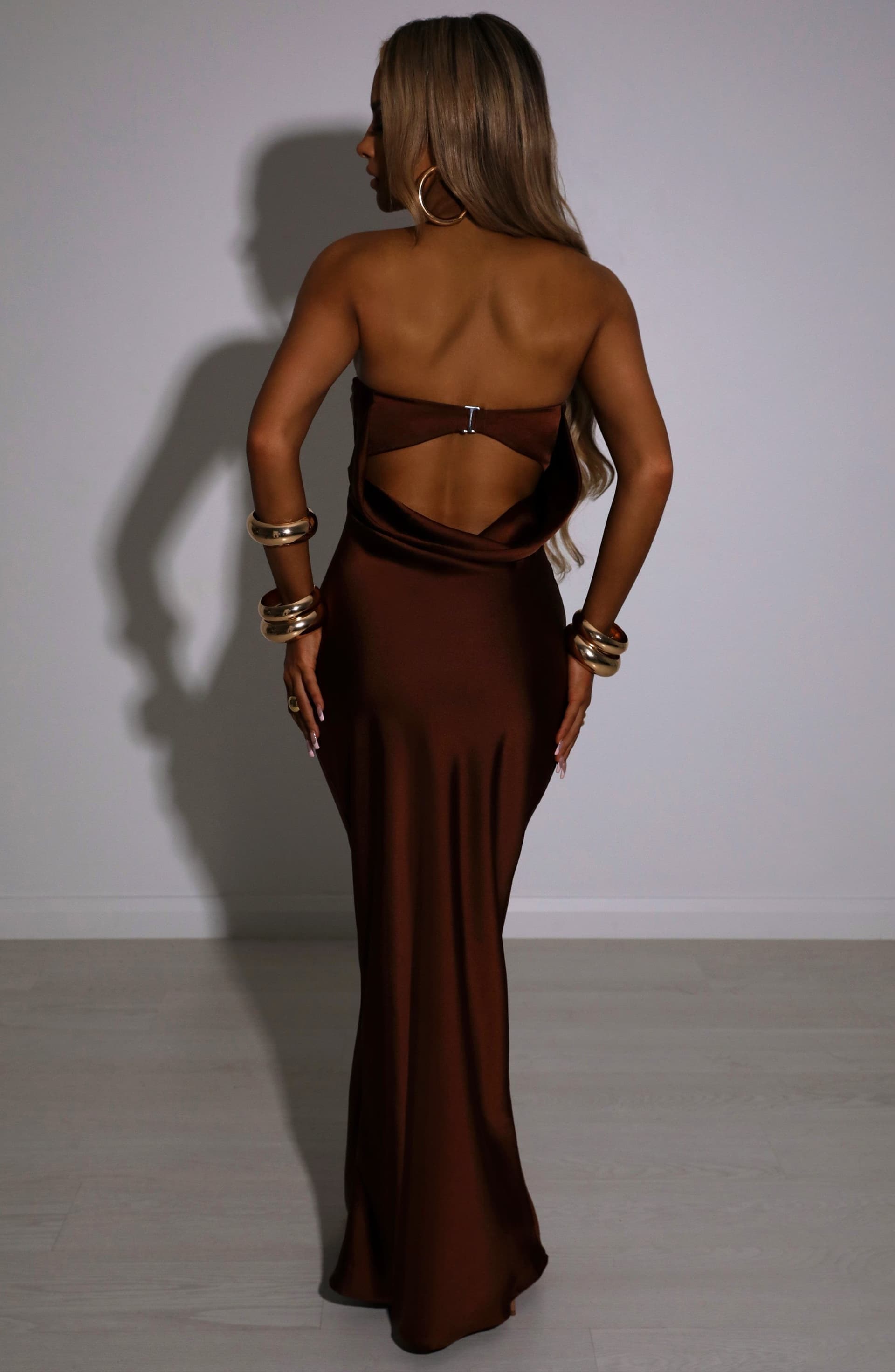 Rheanna Maxi Dress - Chocolate Polyester Satin Adjustable Fit