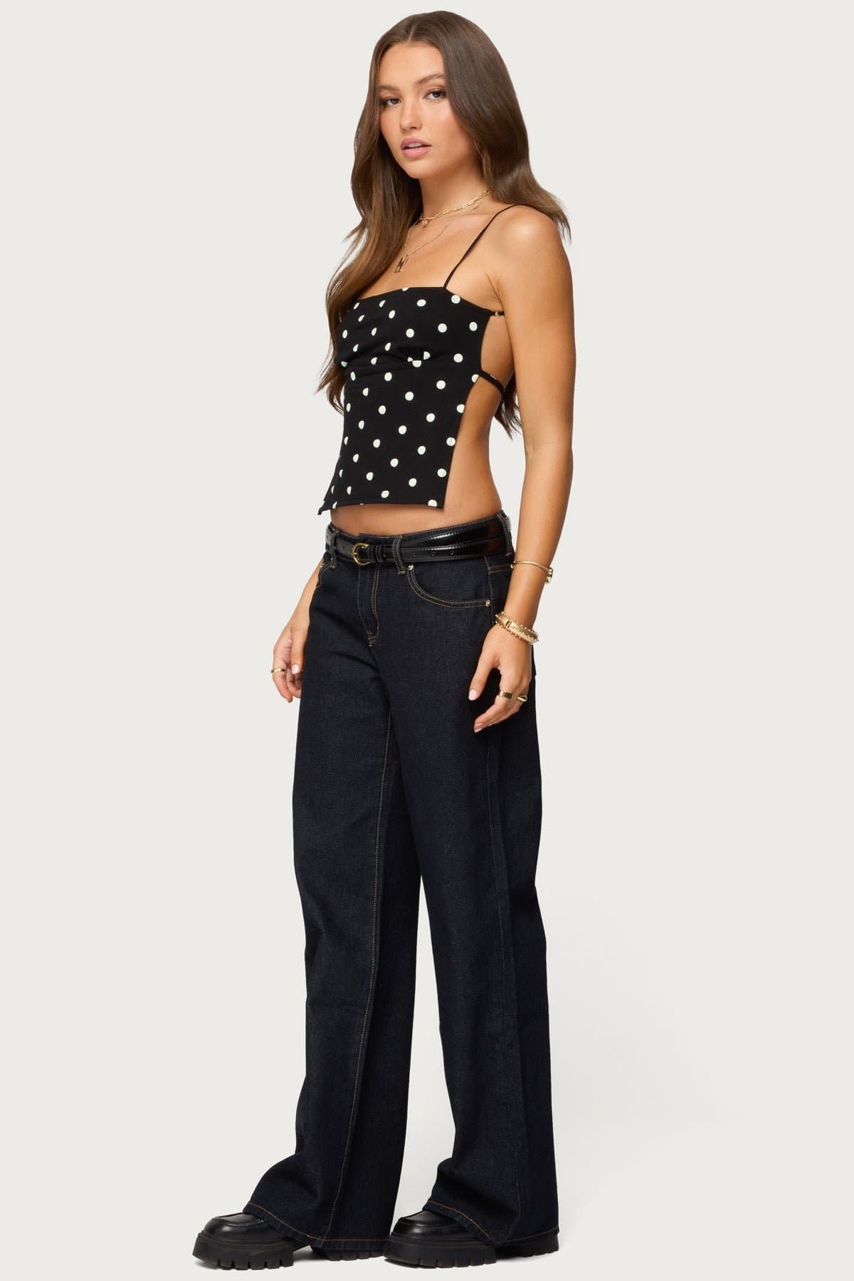 Jinx Open Back Top with Polka Dot Print, Shoe String Straps, Cotton Spandex