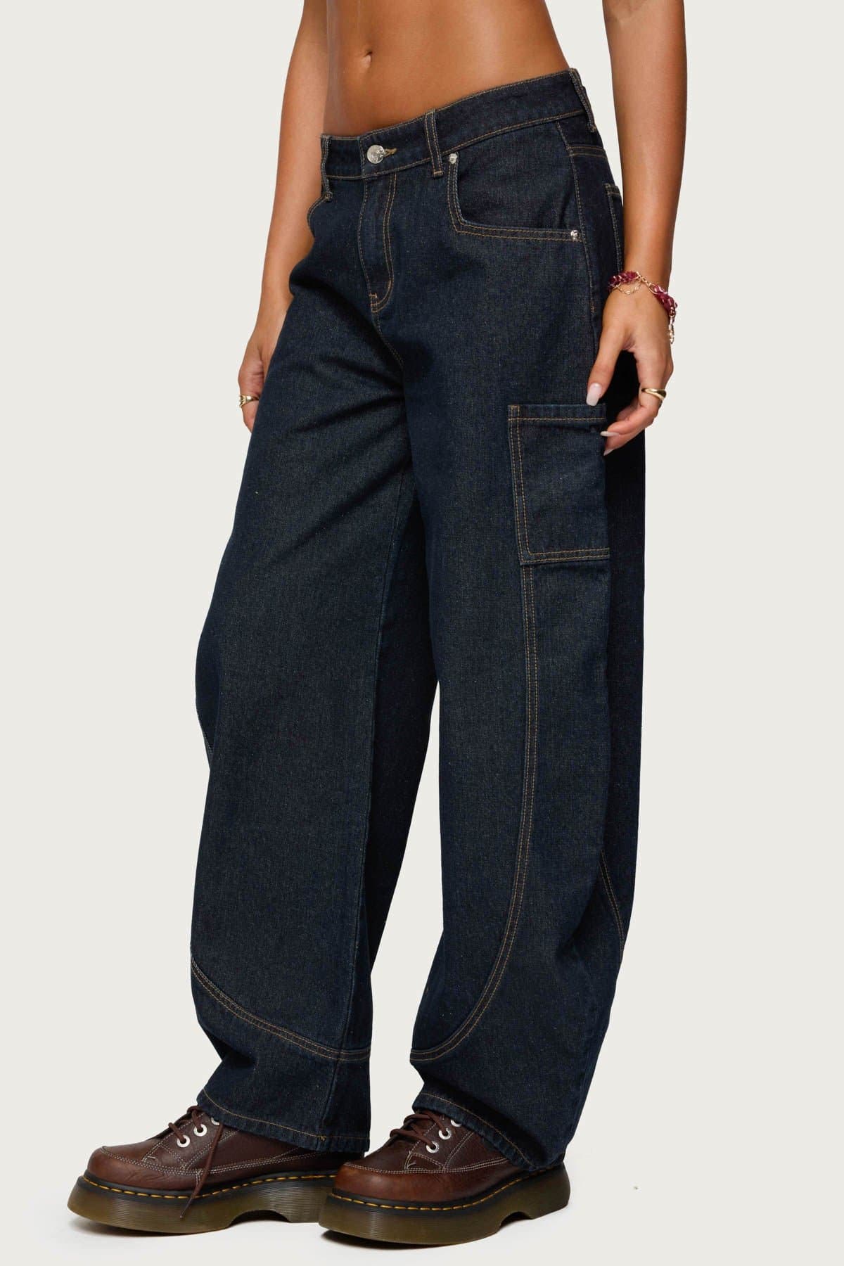 Aden Contrast Stitch Low Rise Barrel Jeans in Rigid Cotton Denim