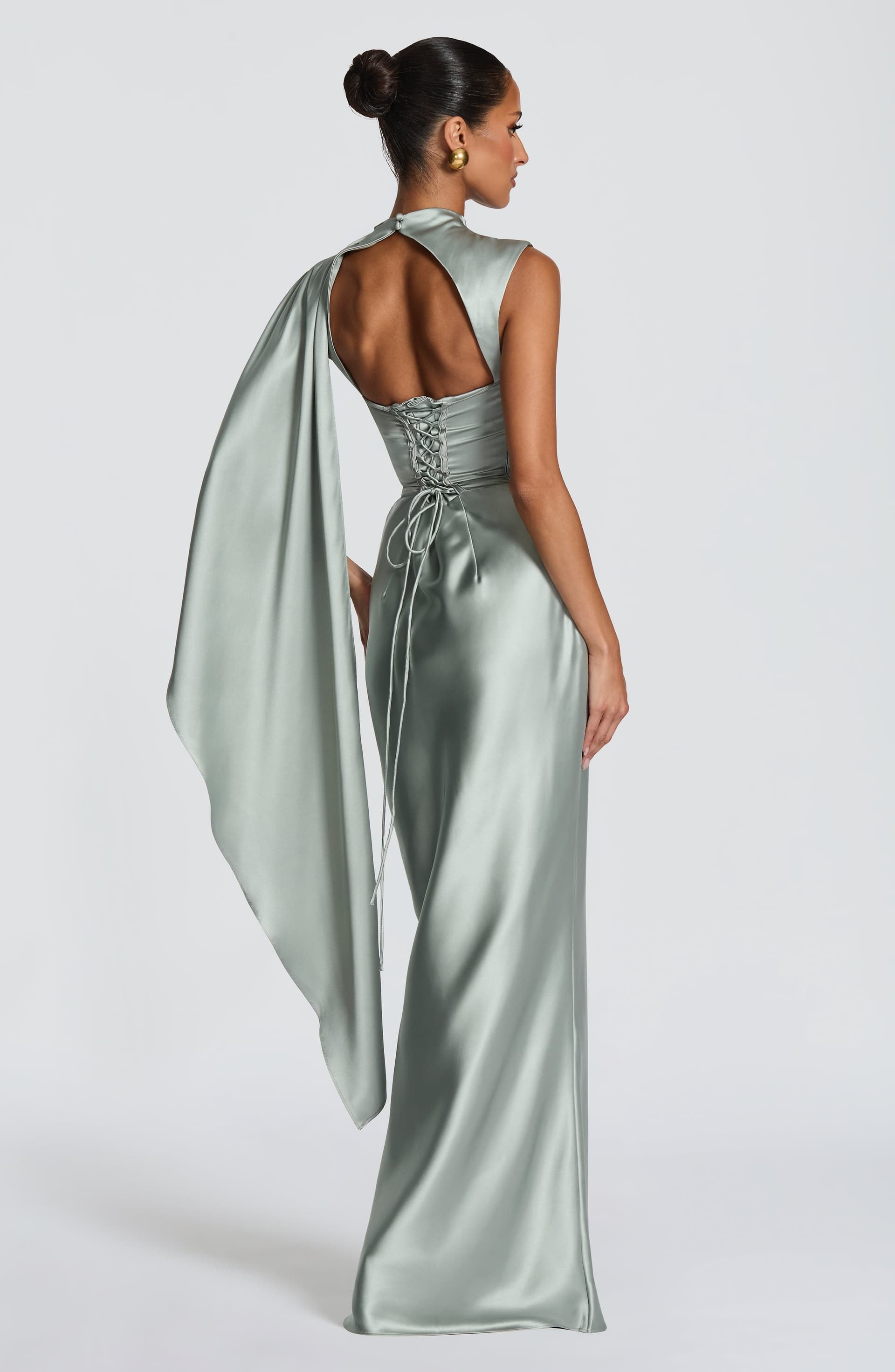 Avendra Maxi Dress - Sage Green Satin High Neck Cape Overlay Lace-Up Back