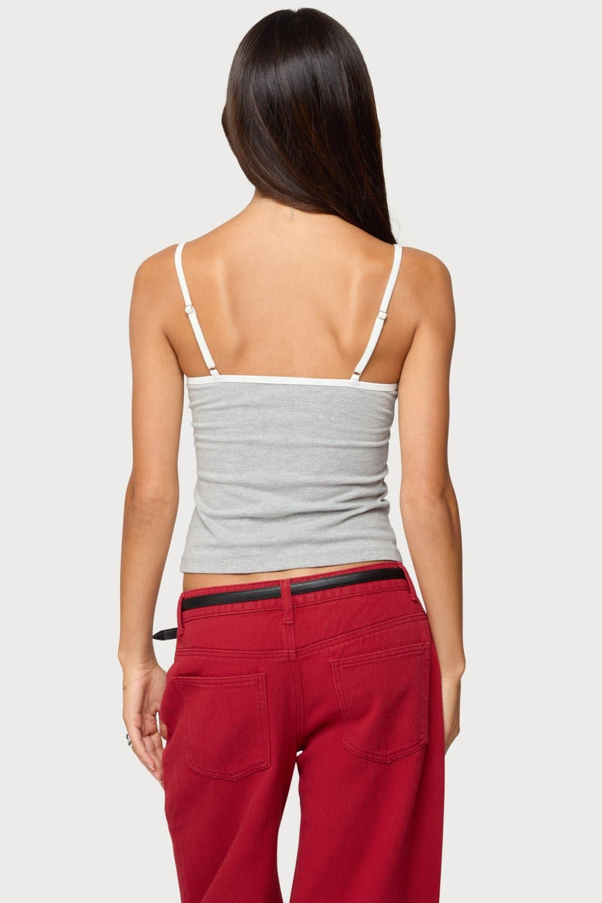 Rhoda Contrast Polka Dot Tank Top with Adjustable Straps and Ribbon Tie