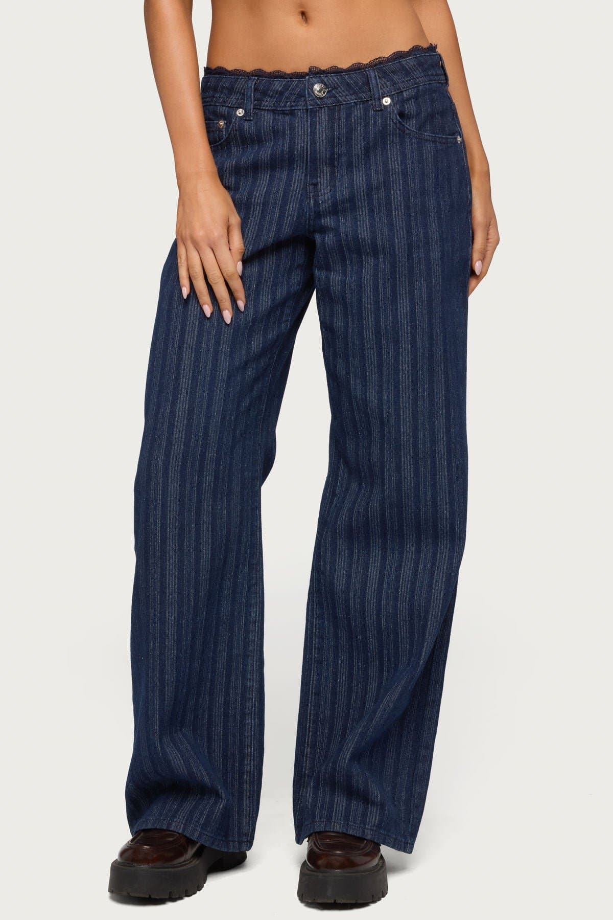 Lace Trim Striped Low Rise Baggy Jeans 100% Cotton Rigid Denim