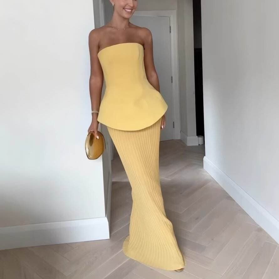 Yellow Corset Top & Pleated Maxi Skirt Set – Strapless Peplum Two Piece Formal Co-ord.