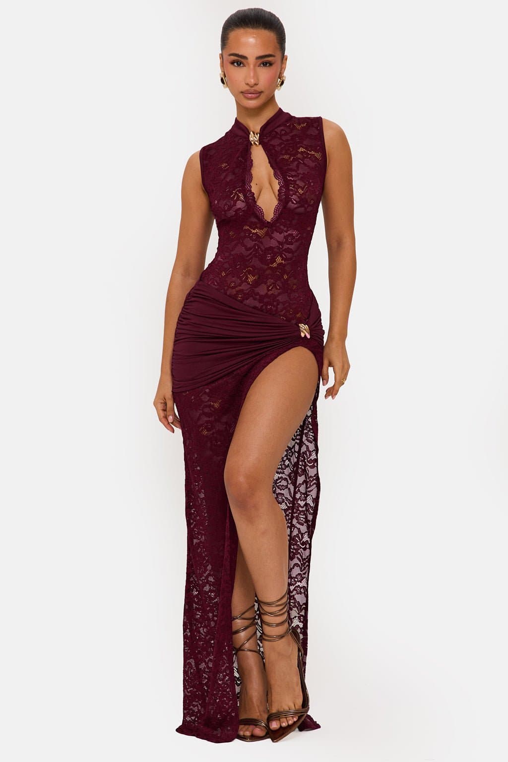 Onyx Lace Maxi Dress - Mock Neck, Thigh-High Split, Sheer Overlay, Gold Hardware