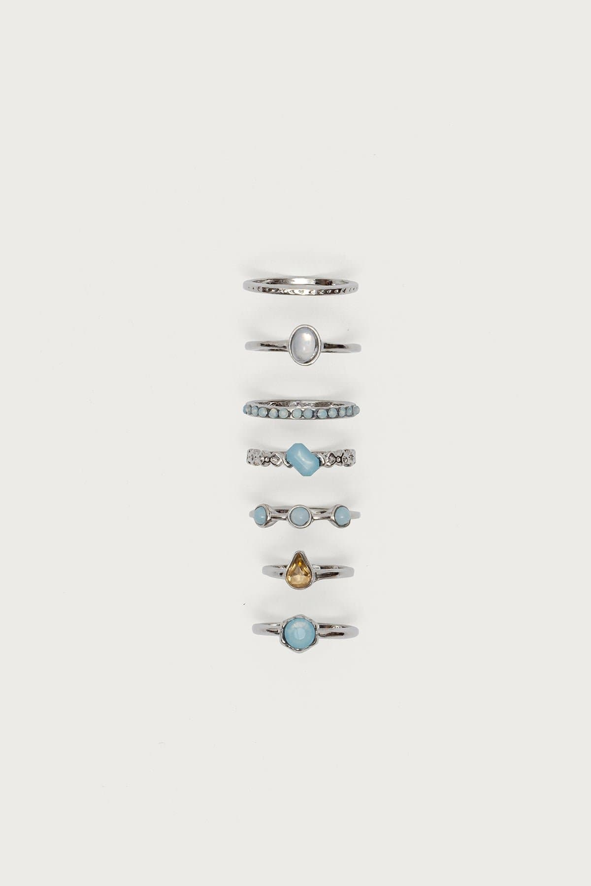 Assorted Gemstone Ring Pack of 7 - Silver Tone Metal, 0.5-0.6in Diameter