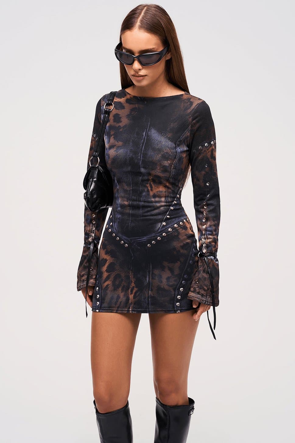 Minx Mini Dress Full Length Fluted Sleeve Bodycon Fit Unique Print