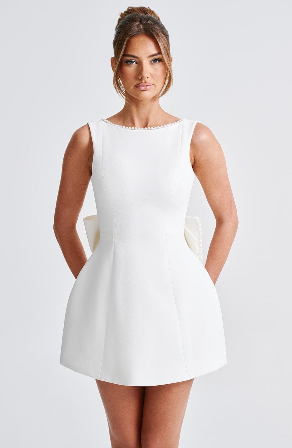 Carrie Mini Dress in Ivory Crepe with Pearl Trim and Detachable Bow