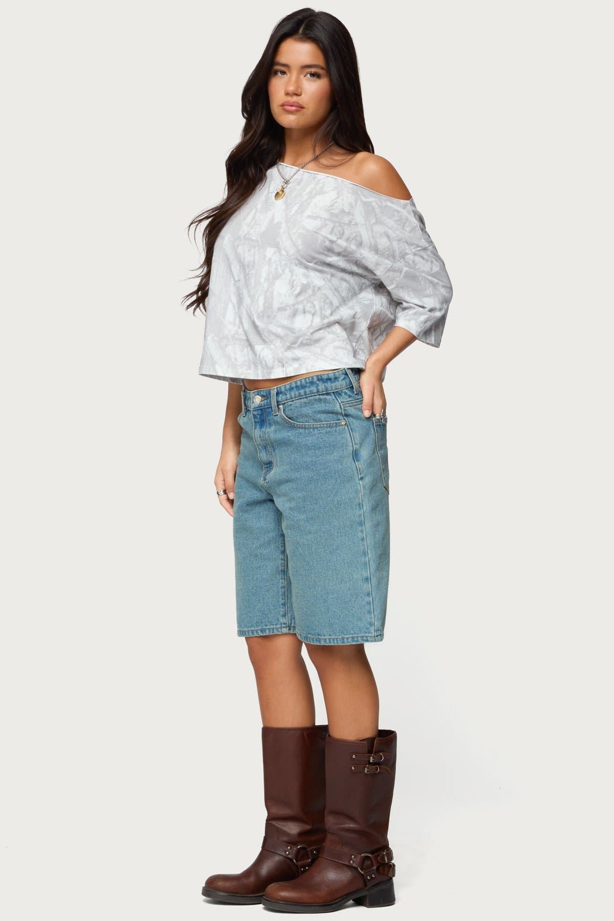 Davida Off Shoulder Camo Print Top - Cotton Spandex