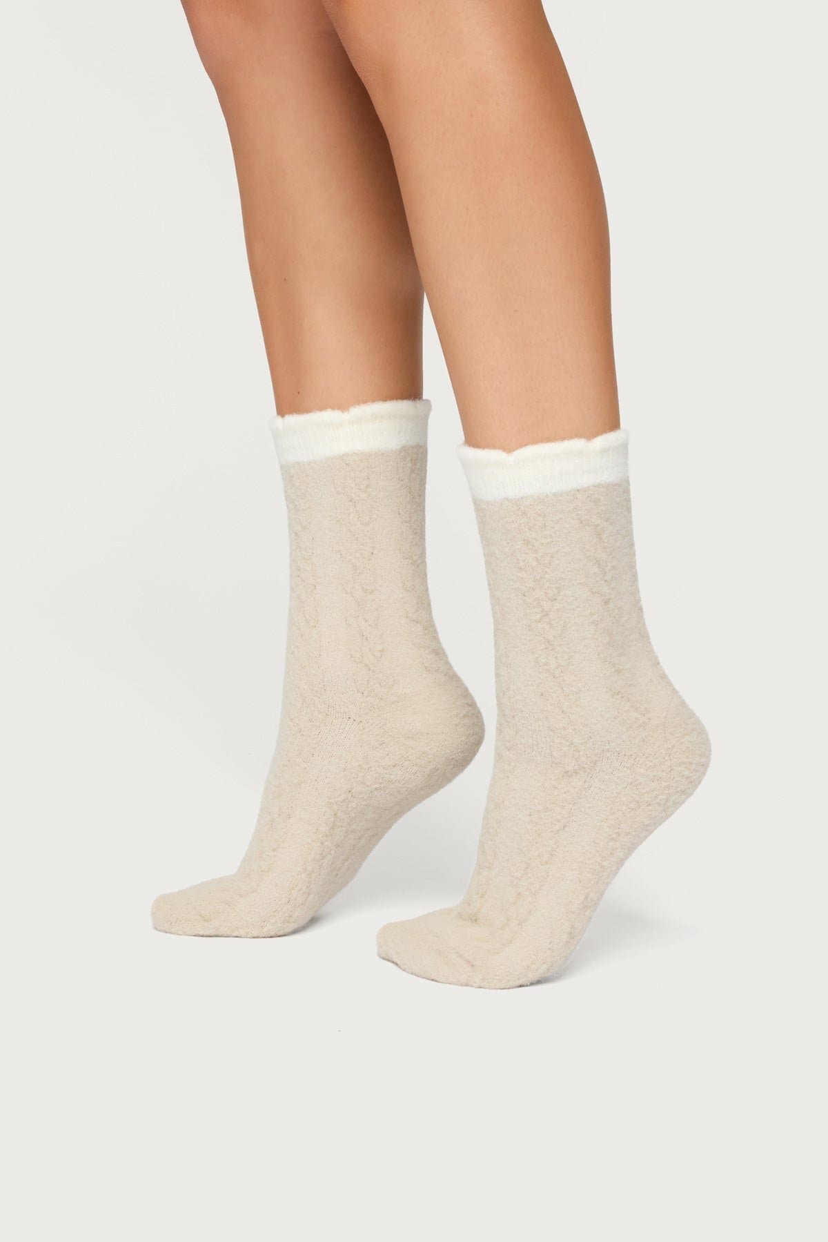 Contrast Fuzzy Cable Knit Socks - Nylon Spandex, 12.2 Inch Length