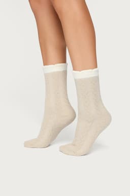 Contrast Fuzzy Cable Knit Socks - Nylon Spandex, 12.2 Inch Length