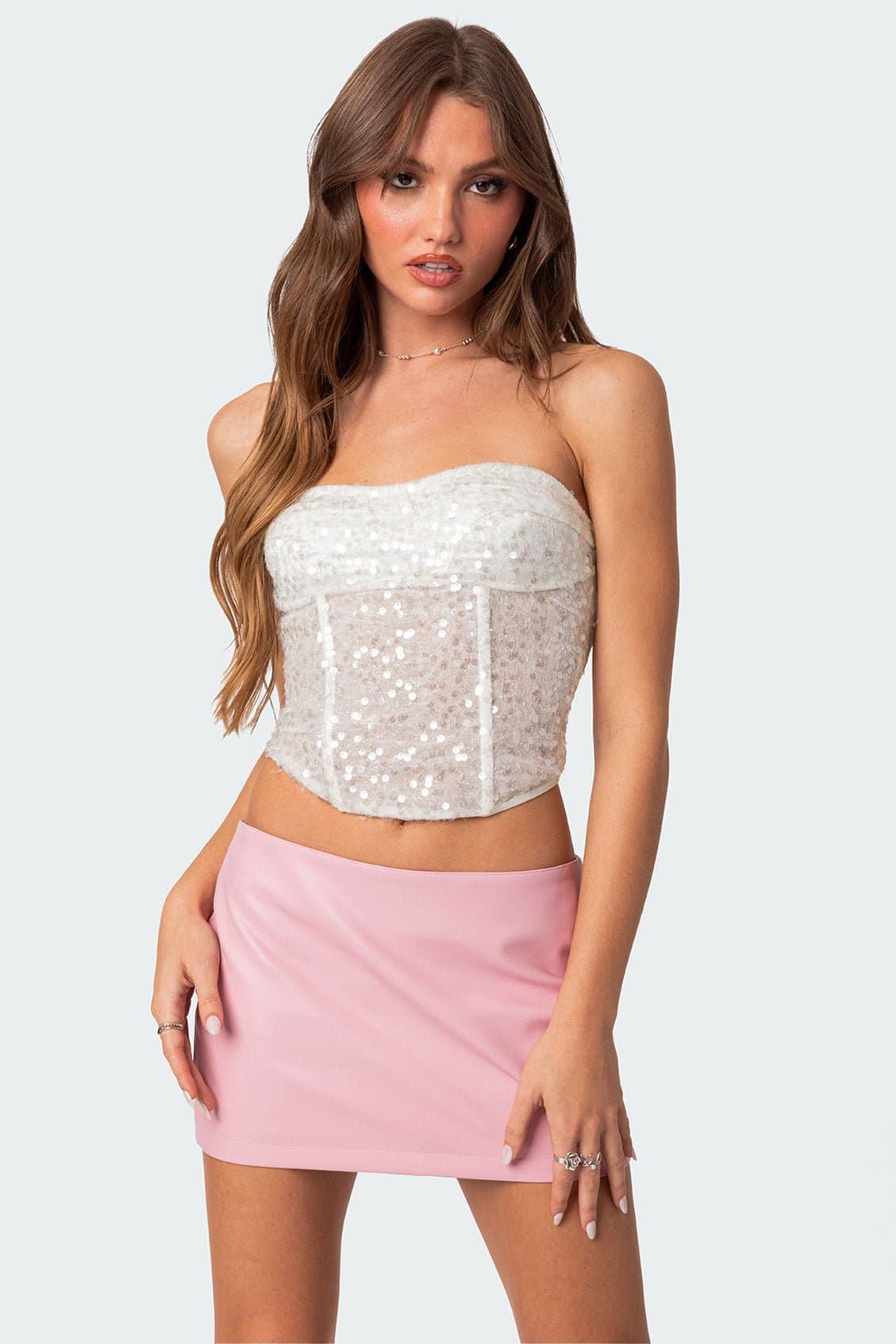 Semi Sheer Sequin Lace Up Corset - Polyester Spandex Boned Bodice