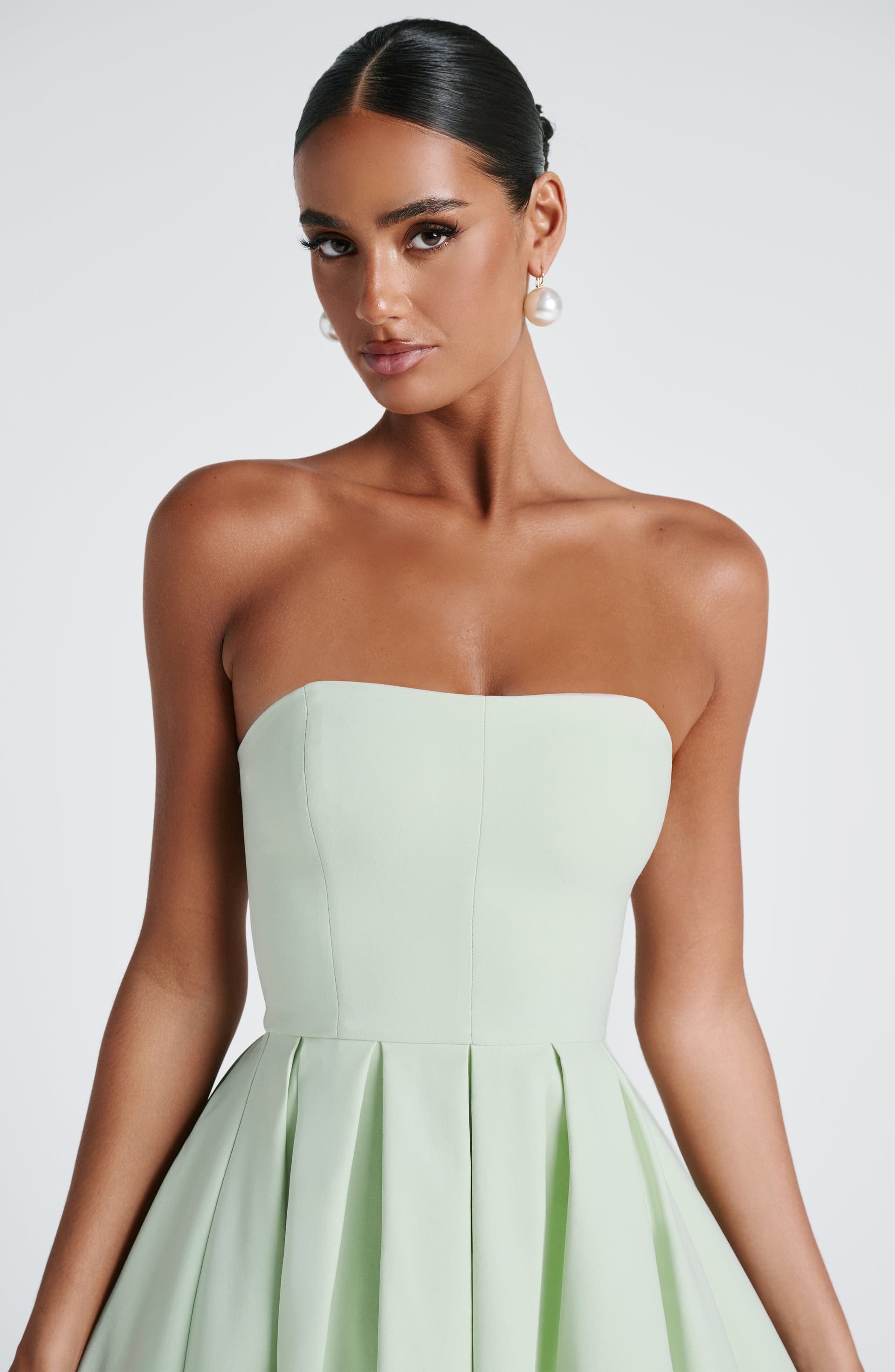 Edith Midi Dress - Mint Strapless Pleated Stretch Bengaline