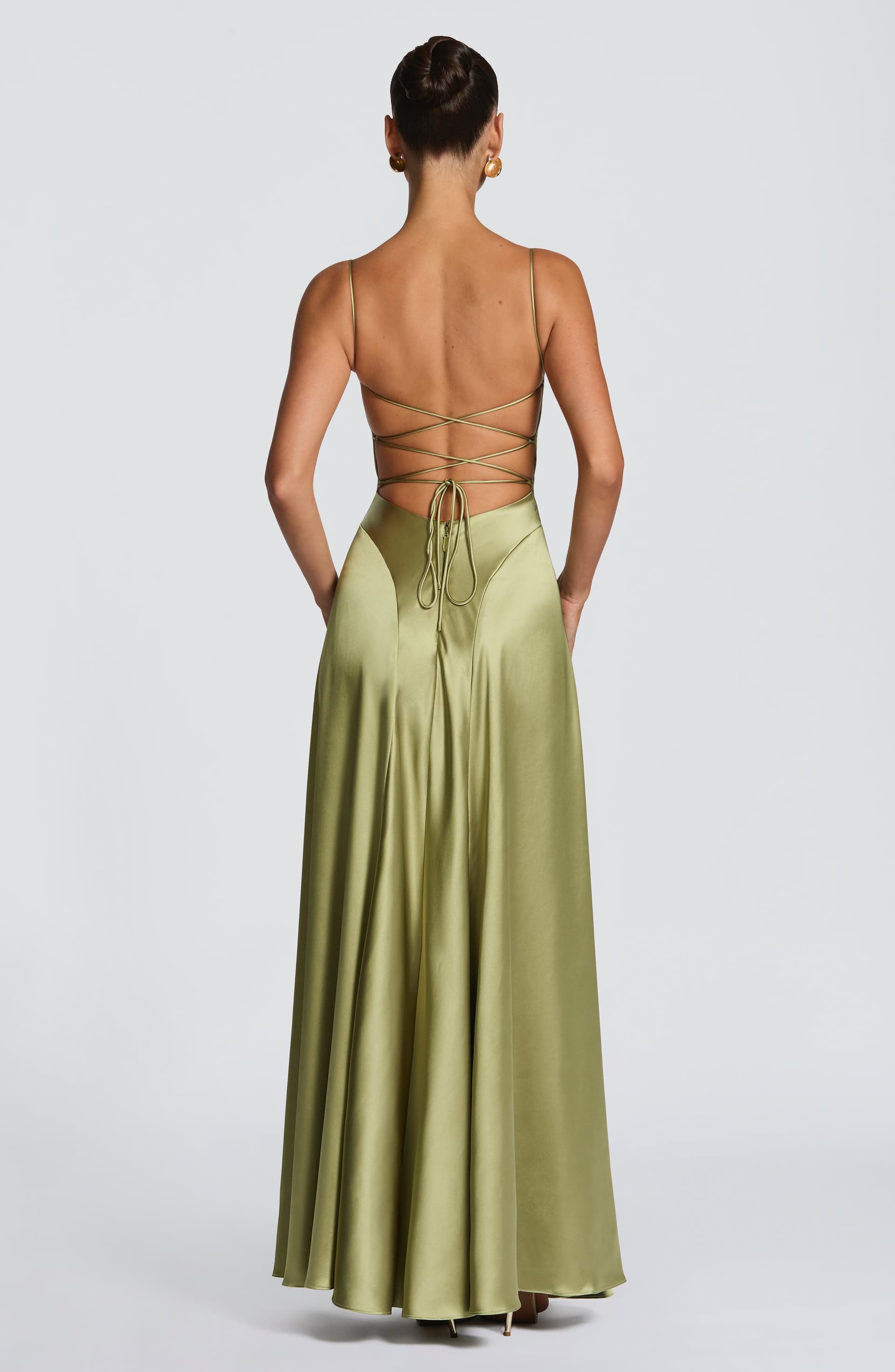 Adelina Maxi Dress Light Olive Satin Cowl Neck Lace-Up Back