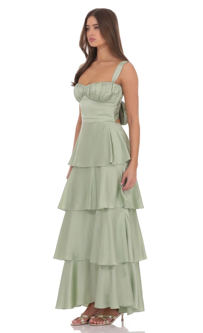 Satin Ruffle Maxi Dress in Sage